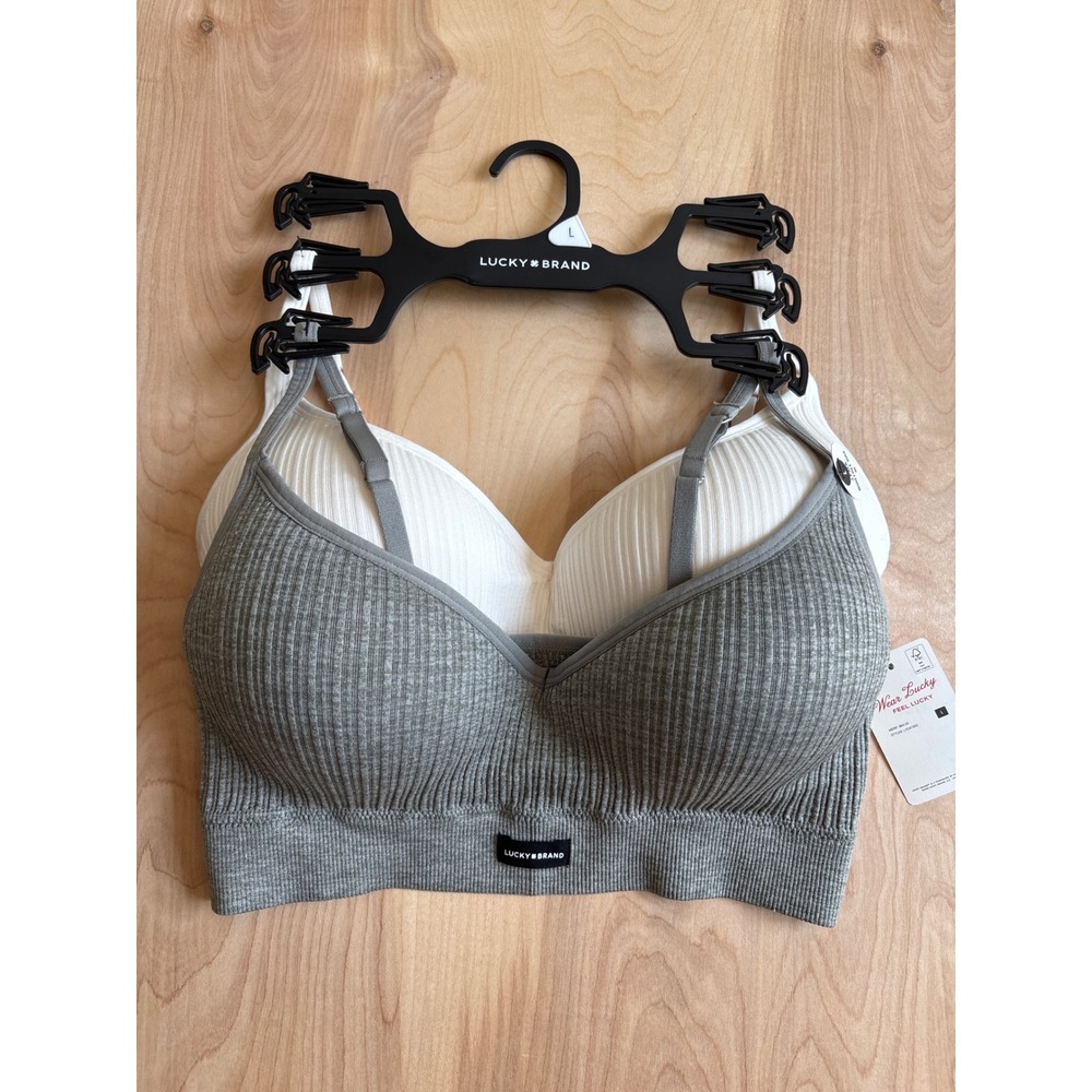 Lucky Brand Bralette 2 Pack Large Grey White Ribbed Seamless LVD47955 New Soft